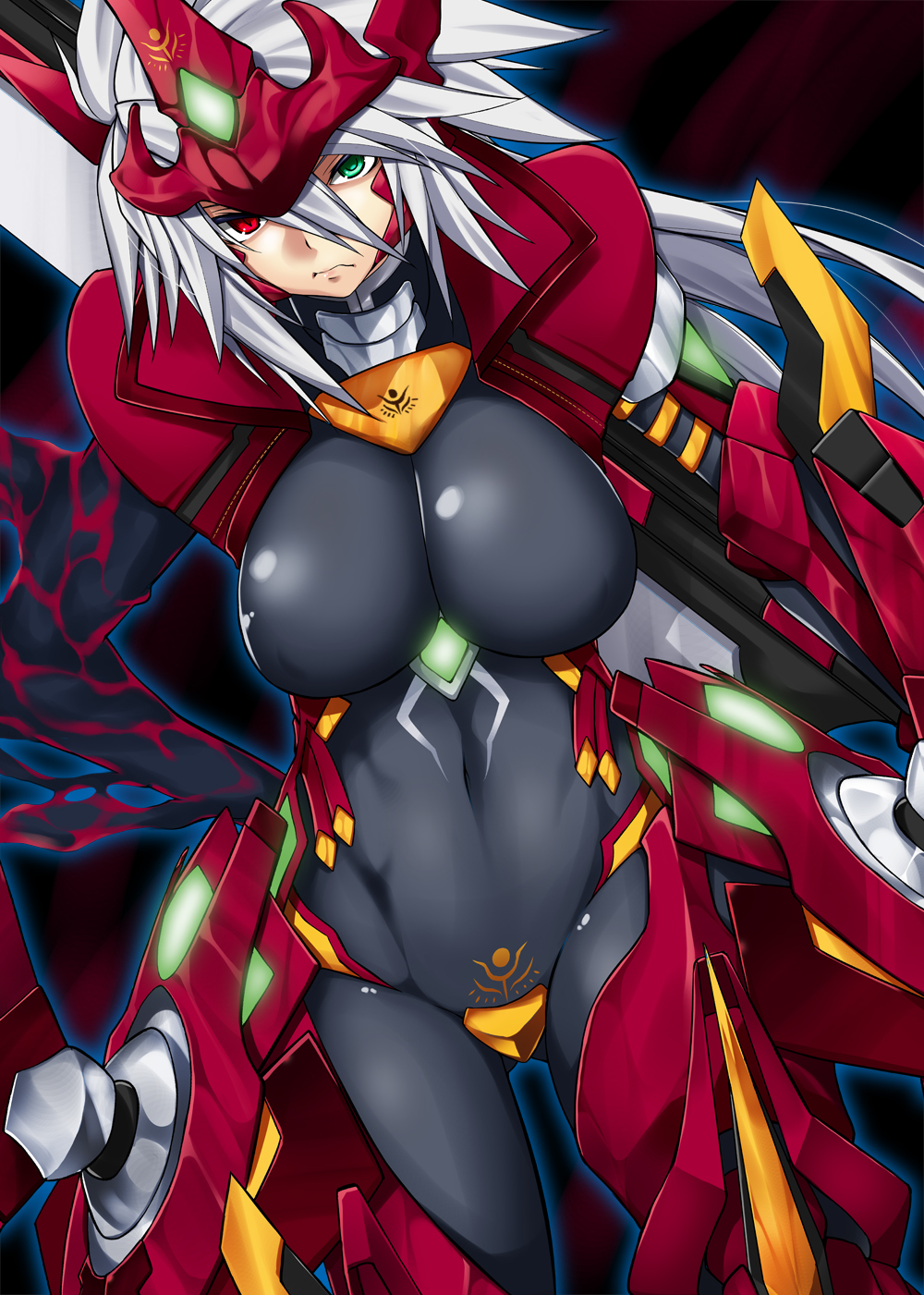 1girl, alpha-01, blazblue, bodysuit, breasts, covered_navel, crotch_plate, forehead_jewel