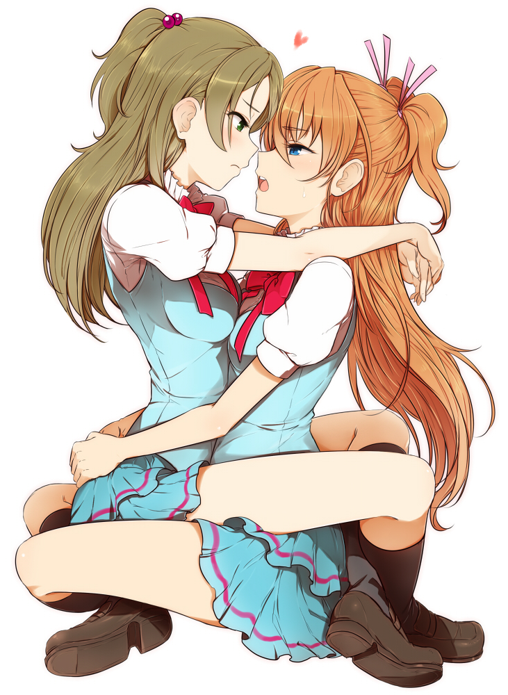 10s, 2girls, angry, arms_around_neck, arms_around_another's_waist, ass, blue_eyes, blush, bow, breast_press, breasts, brown_hair, couple, eye_contact, face-to-face, frown, grabbing_another's_ass, green_eyes, groping, half_updo, hands_on_ass, heart, houjou_hibiki, hug, imminent_kiss, leg_lock, long_hair, looking_at_another, minamino_kanade, minatsuki_randoseru, multiple_girls, mutual_tsundere, open_mouth, precure, profile, revision, school_uniform, simple_background, sitting, sitting_on_lap, sitting_on_person, skirt, straddling, suite_precure, sweatdrop, tsundere, twintails, two_side_up, upright_straddle, white_background, yuri