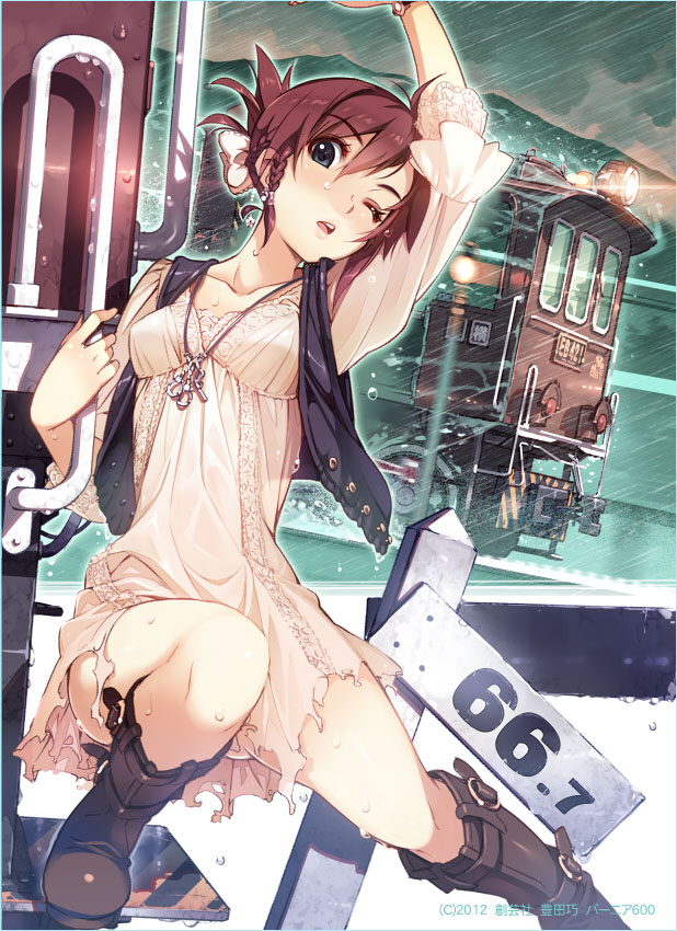10s, 1girl, arm_up, black_eyes, blue_eyes, blush, boots, border, bow, braid, brown_hair, collarbone, cropped_jacket, d;, dress, female_focus, folded_ponytail, hair_bow, hair_up, heart, holding, jacket, jewelry, knee_boots, leg_up, looking_at_viewer, necklace, official_art, one_eye_closed, open_mouth, rail_wars!, rain, red_hair, revision, sakurai_aoi, short_hair, sign, single_braid, solo, sweat, train, vania600, watermark, wet, wink