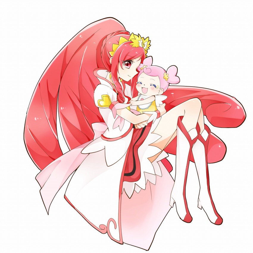 2girls, ai-chan_(precure), baby, boots, bow, coat, colored_eyelashes, cure_ace