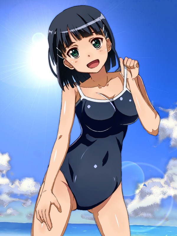 10s, 1girl, :d, beach, black_hair, blue_sky, blunt_bangs, blunt_ends