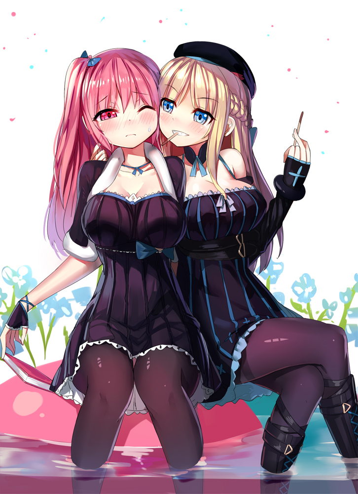 2girls, beret, black_dress, black_gloves, black_legwear, blonde_hair, blue_eyes, blush, book, boots, braid, breasts, cheek-to-cheek, cleavage, cross-laced_footwear, dress, elbow_gloves, emily_(ririko), fingerless_gloves, food, french_braid, full-face_blush, gloves, grin, hat, heads_together, knee_boots, large_breasts, crossed_legs, multiple_girls, one_eye_closed, one_side_up, original, pantyhose, pink_eyes, pink_hair, pocky, ririko_(zhuoyandesailaer), sitting, smile, soaking_feet, thighband_pantyhose, water, wince, yuri