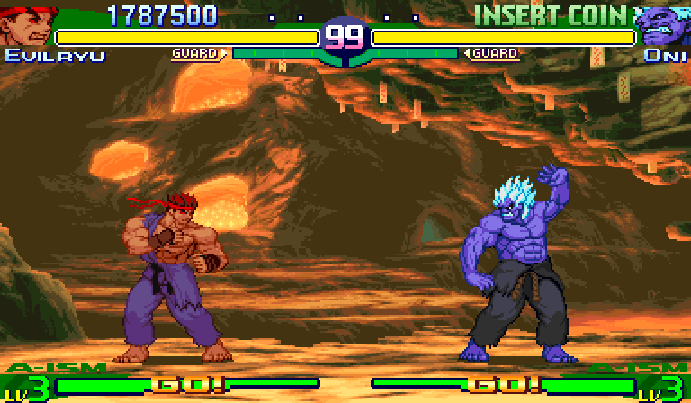 1990s_(style), 2boys, akuma_(street_fighter), barefoot, colored_skin, dougi, evil_ryu, fake_screenshot