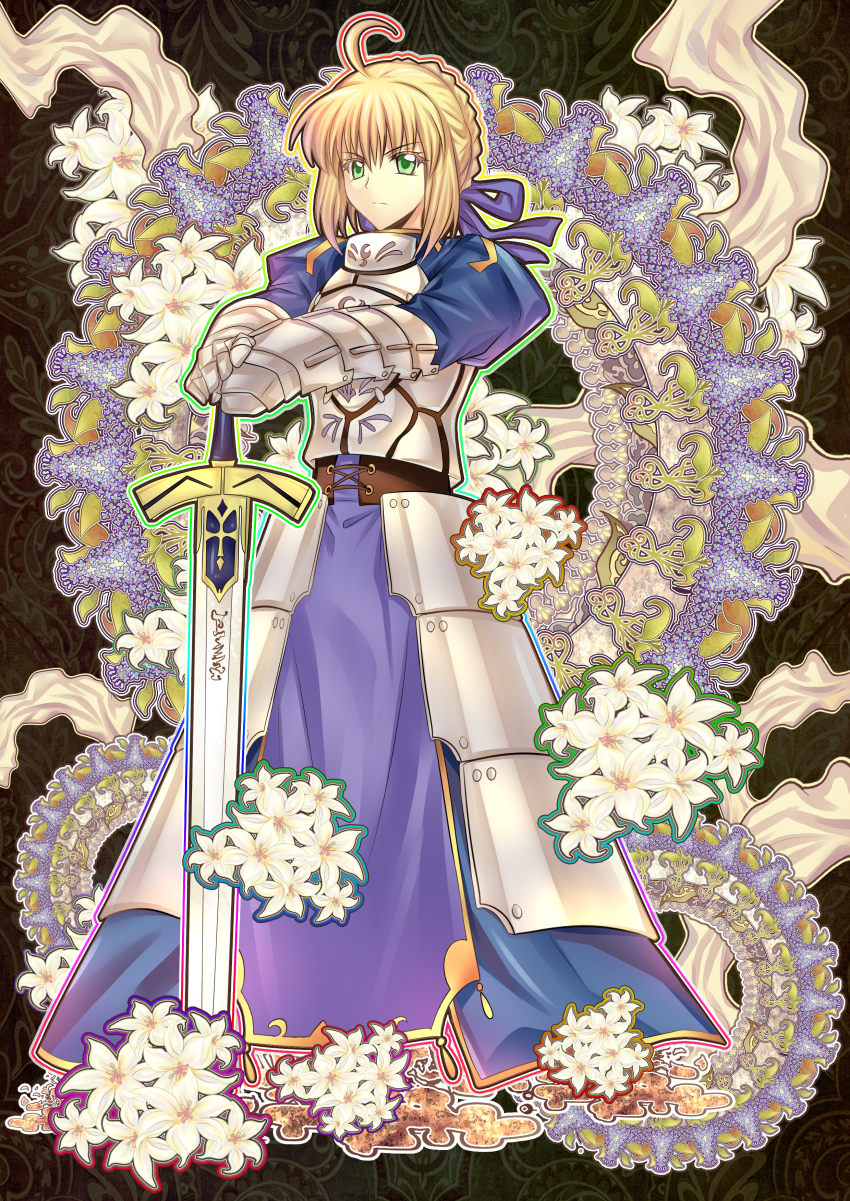 1girl, absurdres, ahoge, armor, armored_dress, art_nouveau, artoria_pendragon_(fate), blonde_hair