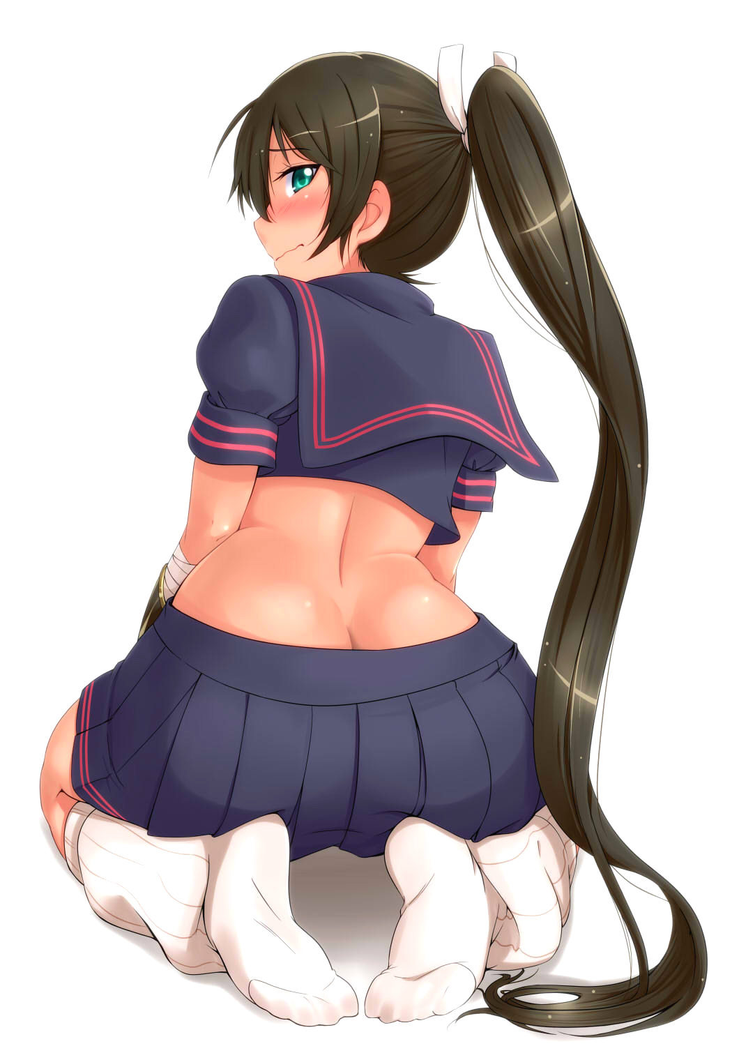 10s, 1girl, aqua_eyes, ass, back, black_serafuku, blush, brown_hair, butt_crack, crop_top, crop_top_overhang, feet, female_focus, from_behind, highres, homura_(senran_kagura), long_hair, looking_back, midriff, no_shoes, ponytail, revision, school_uniform, seiza, senran_kagura, serafuku, shiny_skin, simple_background, sitting, socks, soles, solo, toes, very_long_hair, wavy_mouth, white_background, wide_hips, zeku_(furrock)