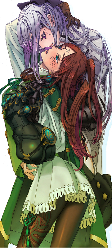 2girls, blush, drag-on_dragoon, drag-on_dragoon_3, female_focus, four_(drag-on_dragoon), imminent_kiss, kiss, long_hair, multiple_girls, open_mouth, shigeyama_mohachi, twintails, yuri, zero_(drag-on_dragoon)