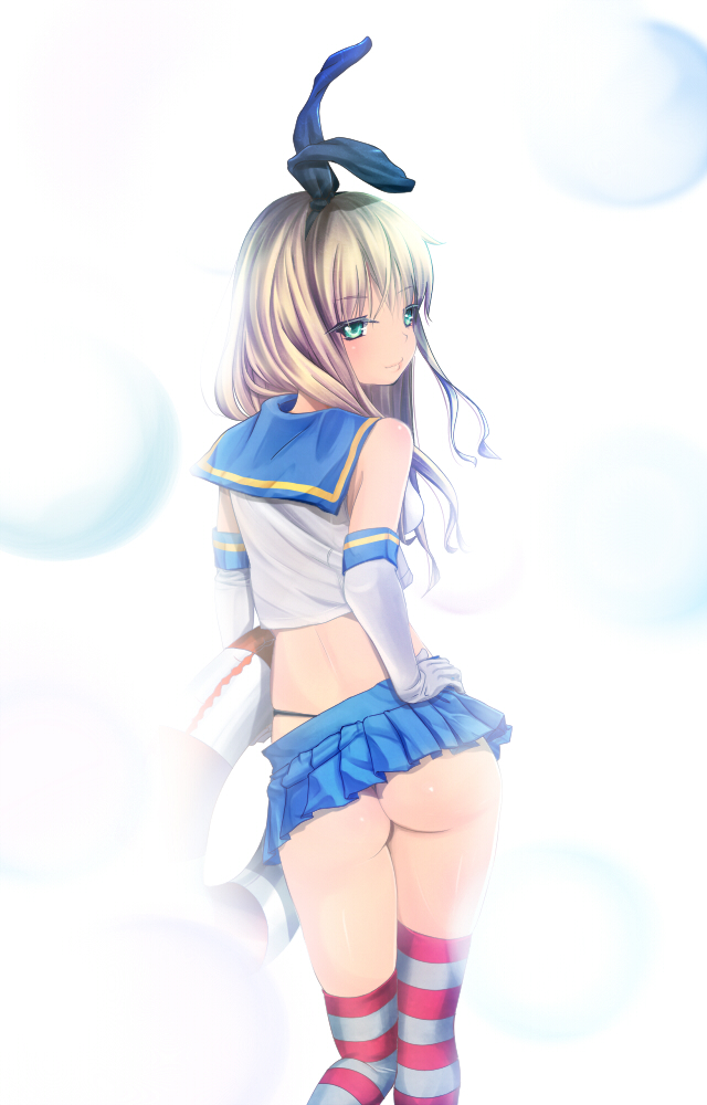 10s, 1girl, ass, black_panties, blonde_hair, chibimame, elbow_gloves, female_focus, gloves, green_eyes, hairband, hand_on_own_hip, highleg, highleg_panties, kantai_collection, long_hair, looking_at_viewer, looking_back, panties, personification, shimakaze_(kancolle), skirt, smile, socks, solo, striped_clothes, striped_socks, striped_thighhighs, thighhighs, thong, underwear, white_gloves