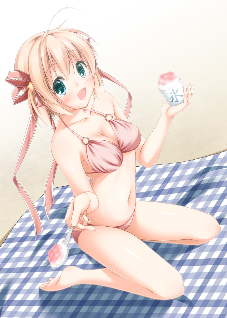 1girl, :d, ahoge, bad_id, bad_pixiv_id, barefoot, beach, bikini