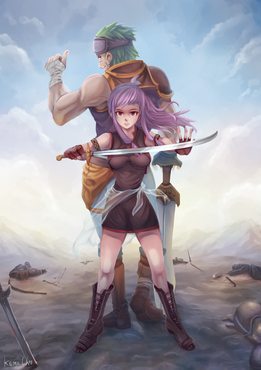 1boy, 1girl, armlet, armor, artist_name, back-to-back, boots, breasts