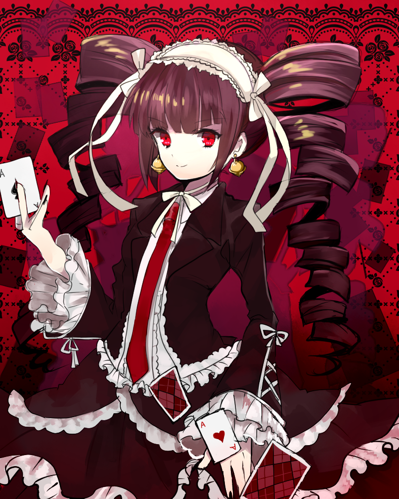 10s, 1girl, bad_id, bad_pixiv_id, black_hair, card, celestia_ludenberg, claw_ring