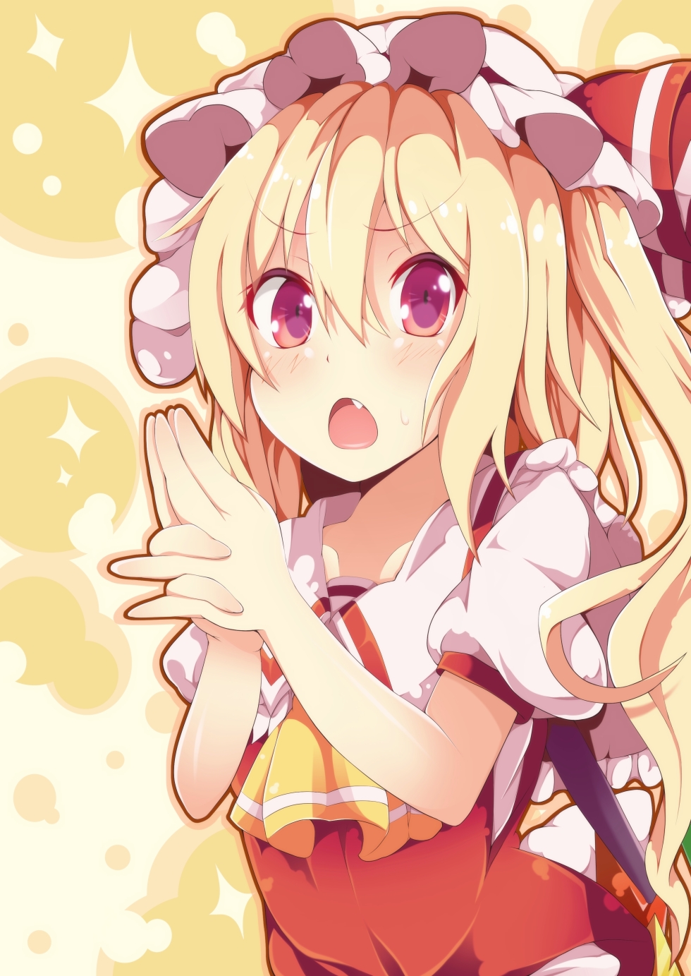1girl, :o, ascot, blonde_hair, fang, female_focus, flandre_scarlet, hat