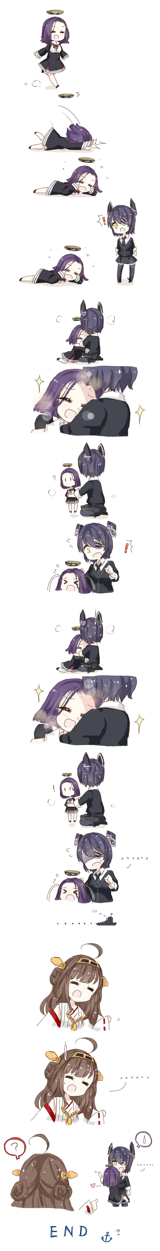 !, >_<, ..., 10s, 3girls, =_=, ?, absurdres, aged_down, ahoge, blue_hair, braid, brown_hair, chibi, closed_eyes, comic, crying, detached_sleeves, eyepatch, hairband, halo, headgear, heart, highres, japanese_clothes, kantai_collection, kongou_(kancolle), kumin_(2219528116), kumin_(6939359), long_image, mechanical_halo, multiple_girls, nontraditional_miko, open_mouth, personification, purple_hair, silent_comic, sparkle, sweatdrop, tall_image, tatsuta_(kancolle), tears, tenryuu_(kancolle), thighhighs, tripping, wavy_mouth, wide_sleeves, yellow_eyes