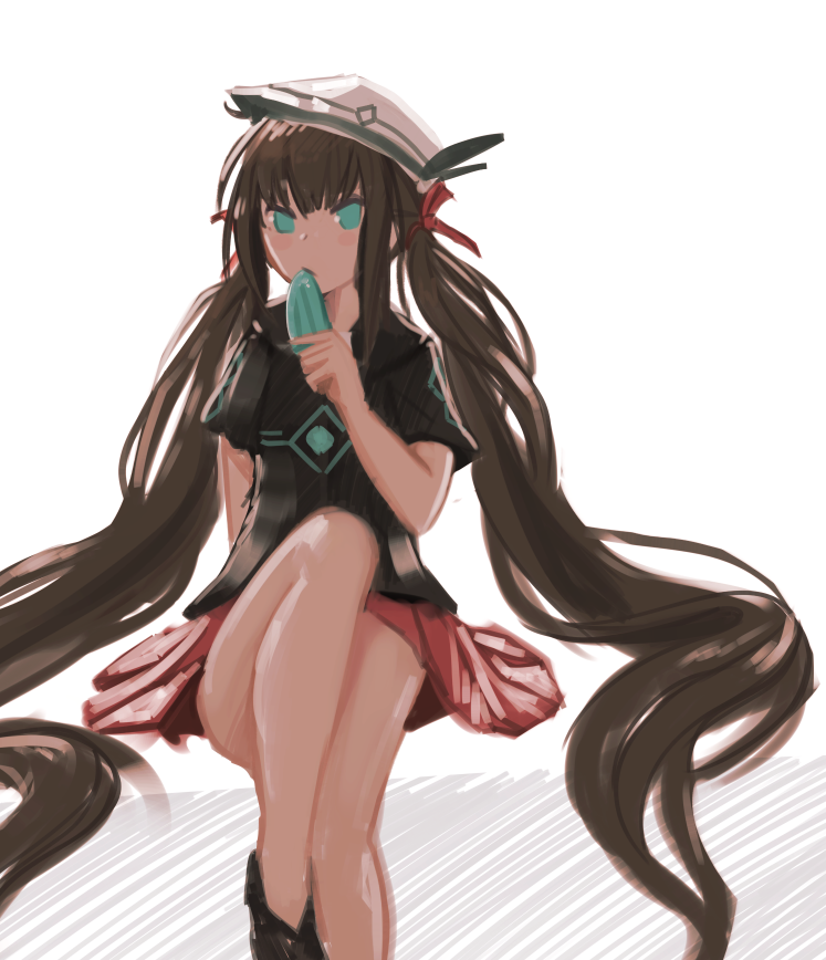 1girl, bare_legs, brown_hair, female_focus, food, green_eyes, hair_ribbon, hat