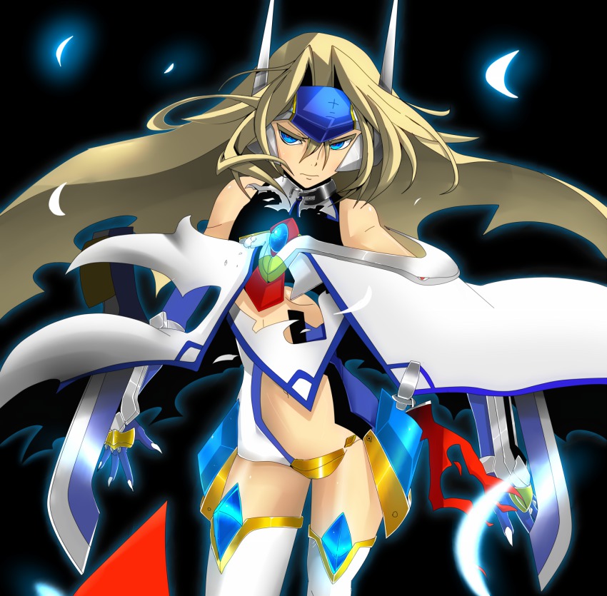 1girl, arm_blade, bad_id, bad_pixiv_id, bare_shoulders, blazblue, blue_eyes, breasts, cape, center_opening, crotch_plate, ear_protection, elbow_gloves, female_focus, fingernails, forehead_protector, gem, gloves, headgear, highres, long_hair, midi_hazapero, mu-12, petals, sharp_fingernails, solo, symbol-shaped_pupils, thighhighs, torn_clothes, underboob, weapon