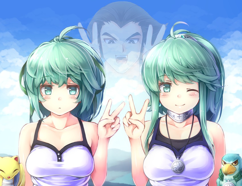 1boy, 2girls, :d, ;), bad_id, bad_pixiv_id, black_hair, blue_eyes