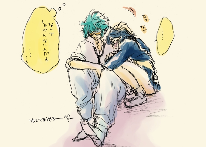 ..., 10s, 1boy, 1girl, bad_id, bad_pixiv_id, black_hair, blue_hair