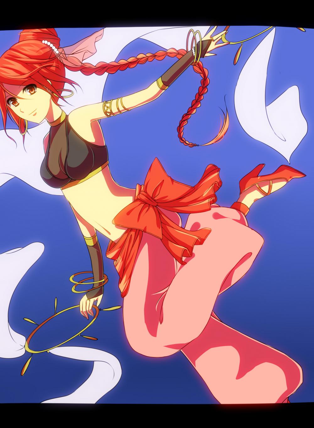 1girl, akaneko0406, armlet, bad_id, bad_pixiv_id, bare_shoulders, bracelet, braid, braided_ponytail, bridal_gauntlets, choker, dancer, earrings, female_focus, fire_emblem, fire_emblem:_the_sacred_stones, hair_bun, harem_outfit, high_heels, highres, hoop, hoop_earrings, jewelry, letterboxed, long_hair, midriff, nintendo, ponytail, red_eyes, red_hair, ring, sash, single_braid, single_hair_bun, smile, solo, tethys_(fire_emblem)