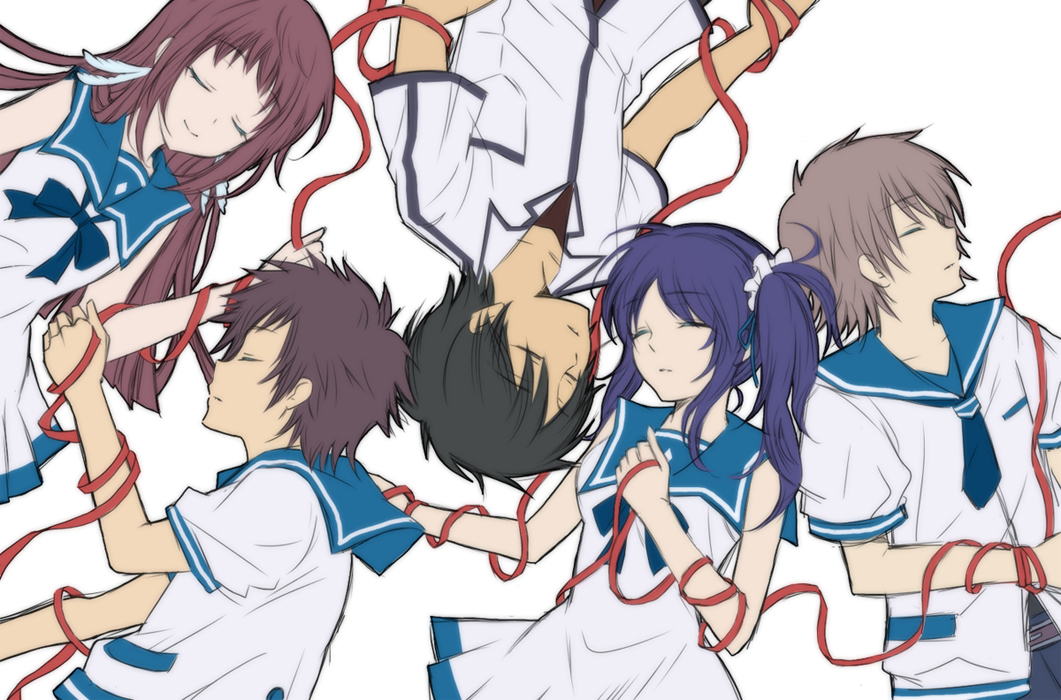 10s, 2girls, 3boys, bag, black_hair, blue_hair, brown_hair, dress