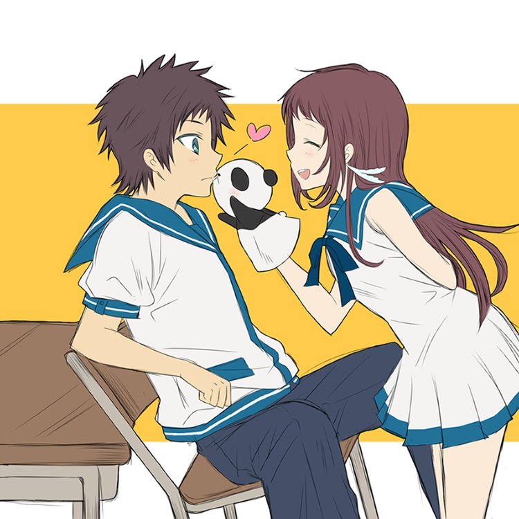 10s, 1boy, 1girl, blue_eyes, brown_hair, chair, dress, closed_eyes, hand_puppet, heart, kotokoto, kotokoto_(mitsuyoshi0211), mascot, mukaido_manaka, nagi_no_asukara, panda, pants, puppet, red_hair, sailor_collar, sailor_dress, sakishima_hikari, school_uniform, serafuku, sleeveless, sleeveless_dress, smile