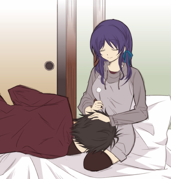 10s, 1boy, 1girl, black_hair, black_thighhighs, blue_hair, closed_eyes, ear_cleaning, hiradaira_chisaki, kihara_tsumugu, kotokoto, kotokoto_(mitsuyoshi0211), lap_pillow, long_hair, mimikaki, nagi_no_asukara, ribbon, short_hair, thighhighs