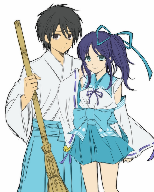 10s, 1boy, 1girl, black_eyes, black_hair, blue_eyes, blue_hair, blue_hakama