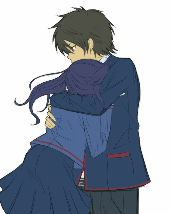 10s, 1boy, 1girl, black_eyes, black_hair, blue_hair, hiradaira_chisaki, holding