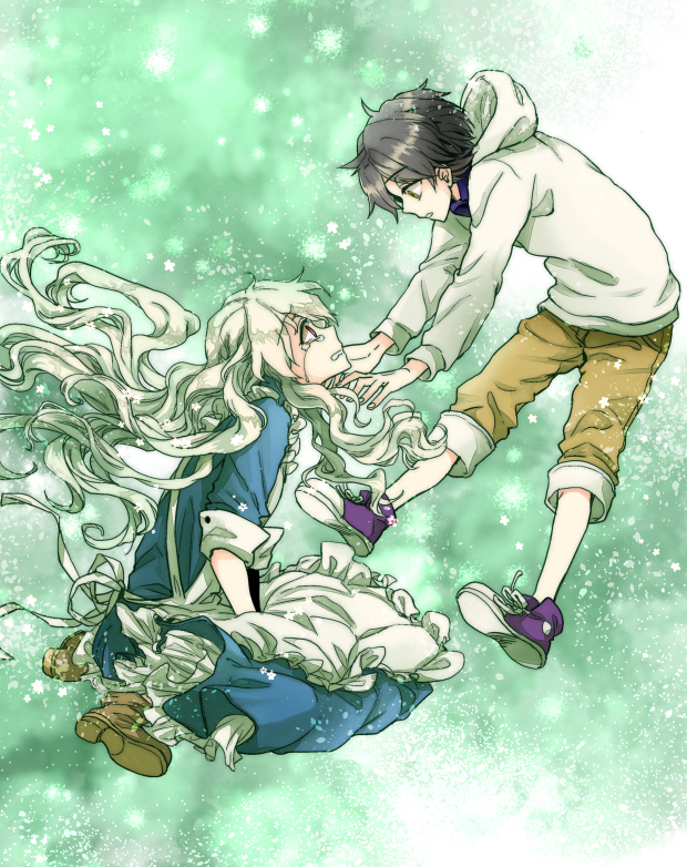 1boy, 1girl, aged_down, black_hair, dress, hair_spread_out, hood, hoodie