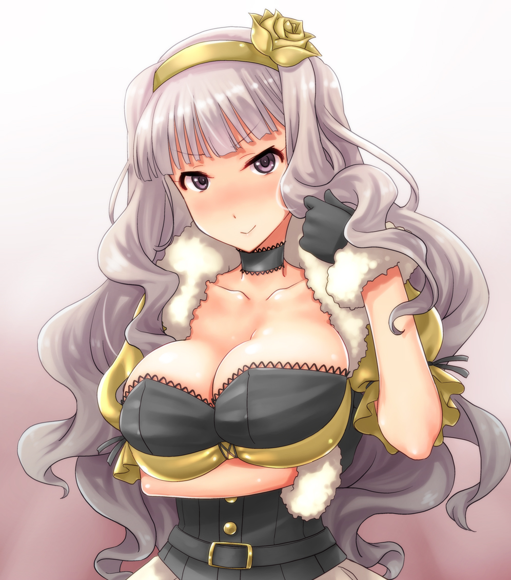 1girl, beyond_the_nobles, blush, breast_hold, breast_rest, breasts, cleavage, corset