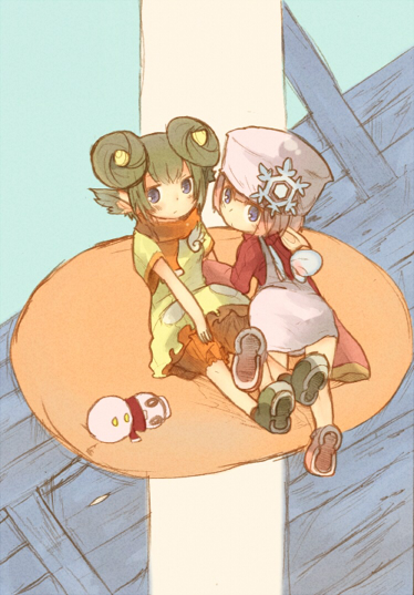 2girls, blue_eyes, double_bun, frau_(puyopuyo), full_body, green_hair, hair_bun, hat, horns, kneeling, lidelle_(puyopuyo), looking_back, miyako_(naotsugu), multiple_girls, naotsugu, pink_hair, pointy_ears, puyopuyo, puyopuyo_fever, puyopuyo_quest, scarf, sega, short_hair, sitting, skirt, snowflakes, snowman, trait_connection