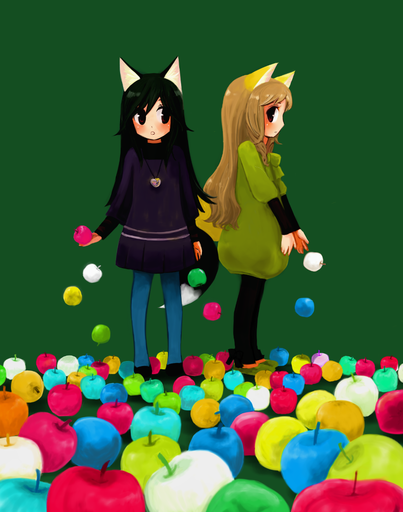 animal_ears, apple, blonde_hair, colorful, food, fruit, green_hair, long_hair