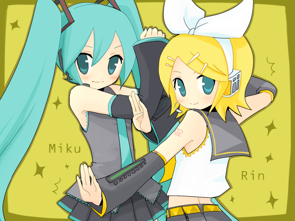 blonde_hair, detached_sleeves, green_hair, hair_ornament, hair_ribbon, hairclip, hatsune_miku, kagamine_rin