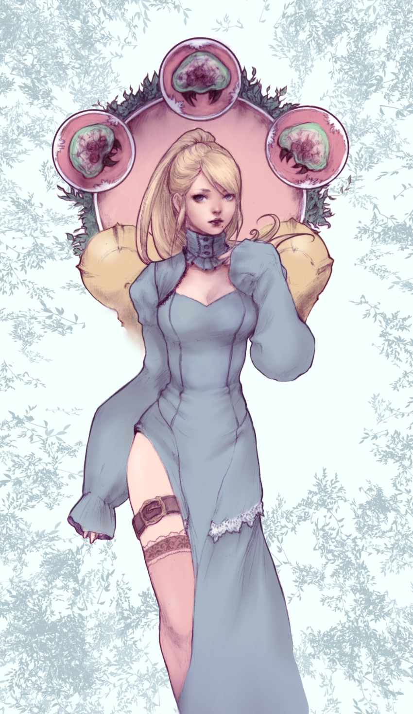 1girl, art_nouveau, blonde_hair, blue_eyes, buckle, dress, female_focus, highres