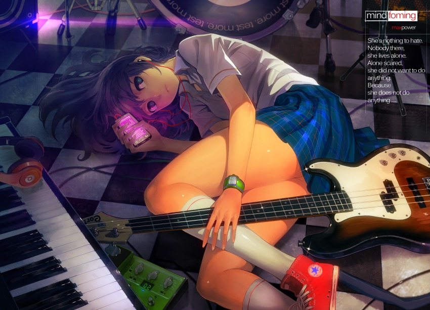 1girl, absurdres, bad_id, bad_pixiv_id, bass_guitar, beats_by_dr._dre, black_eyes, black_hair, checkered_floor, converse, mp3_player, drum, earbuds, earphones, english_text, female_focus, floor, headphones, highres, instrument, keyboard_(instrument), kneehighs, ladic, long_hair, lying, on_side, original, pj_bass, revision, school_uniform, shiny_skin, shoes, skirt, sneakers, socks, solo, watch