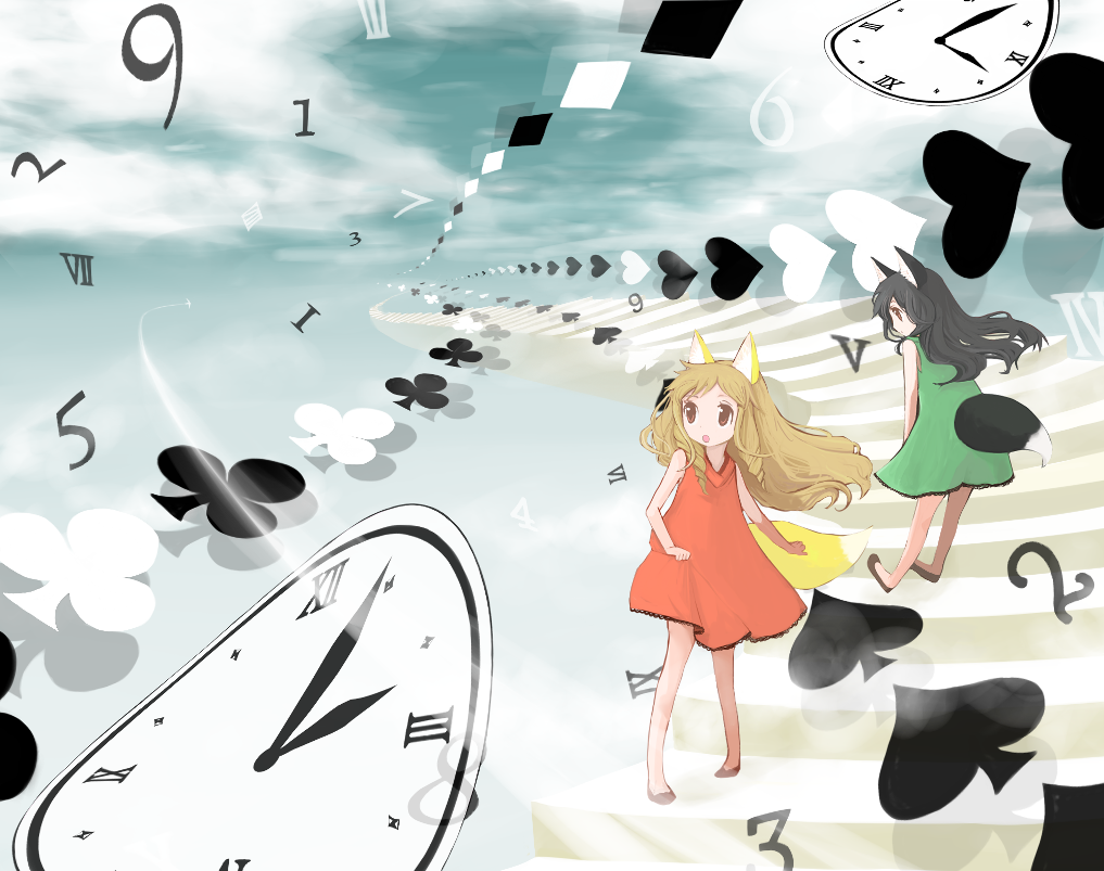 animal_ears, bad_id, bad_pixiv_id, black_hair, blonde_hair, clock, dress, long_hair