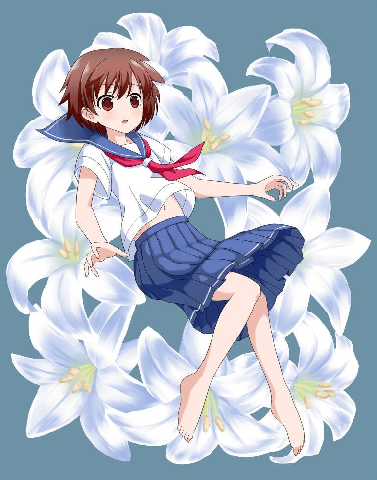 1girl, bad_id, bad_pixiv_id, barefoot, blue_background, blush, brown_eyes, brown_hair