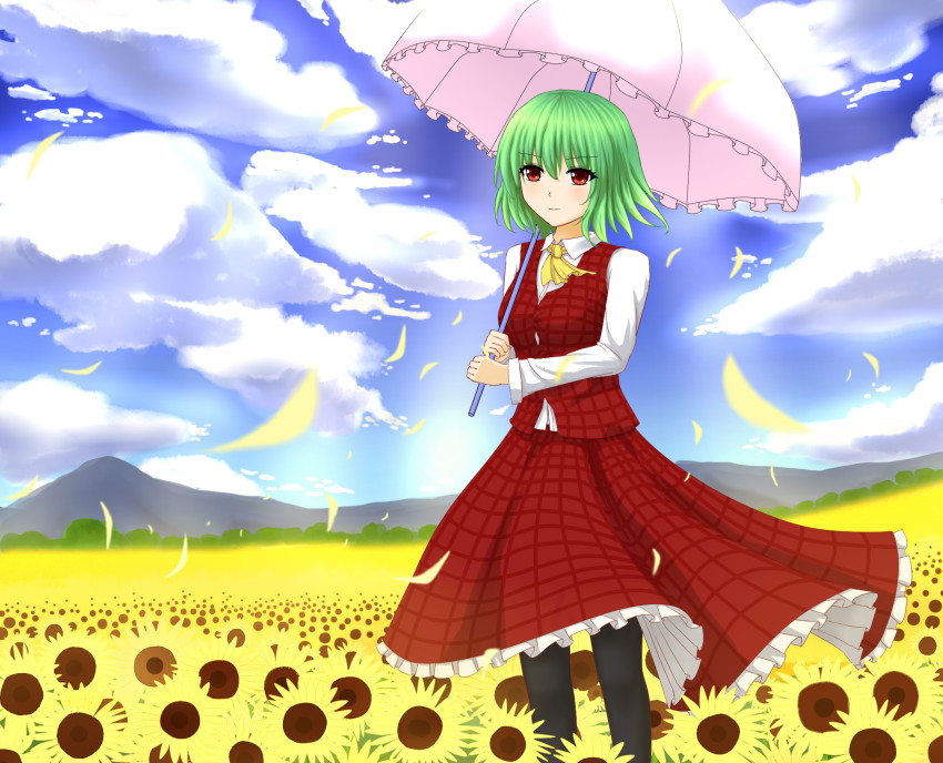 1girl, ascot, black_pantyhose, blue_sky, breasts, cloud, day, female_focus