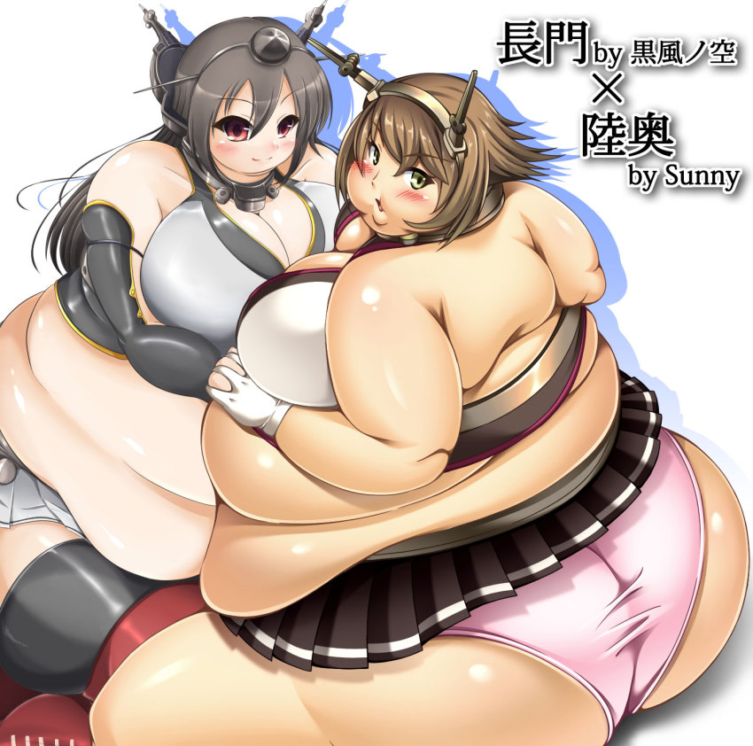2girls, blush, breasts, brown_hair, fat, fat_woman, highres, large_breasts, multiple_girls, obese, red_eyes, sunny_(hono), text_focus, translation_request, yellow_eyes