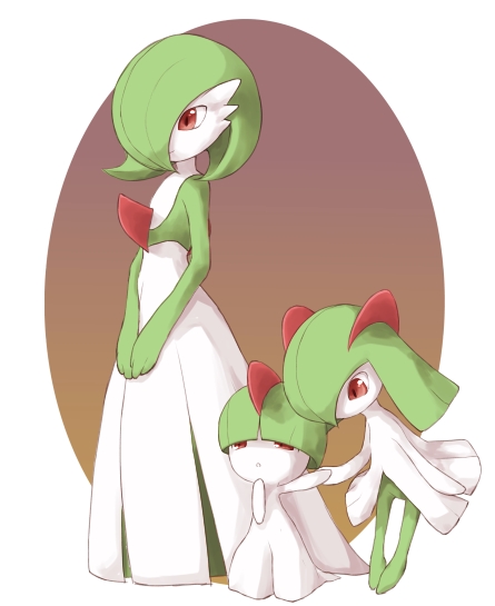 gardevoir, gen_3_pokemon, green_hair, horns, kirlia, nintendo, no_humans, pokemon, pokemon_(creature), ralts, red_eyes, sanatsu_(humoh), short_hair