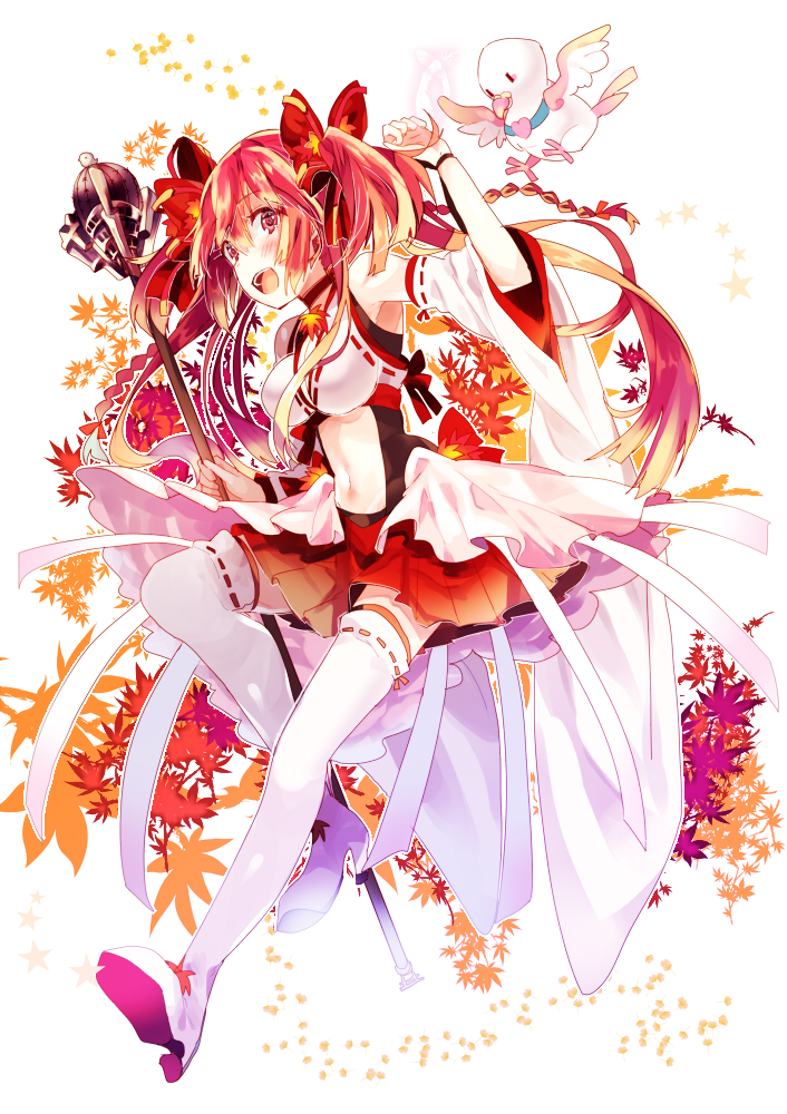 10s, 1girl, autumn_leaves, bad_id, bad_pixiv_id, bird, bow, choker