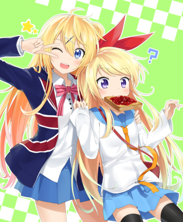 2girls, ;d, ?, arm_up, black_legwear, blonde_hair, blue_eyes, blush, bow, bowtie, bread, bread_slice, cosplay, costume_switch, crossover, dress_shirt, food, food_in_mouth, goribote, green_background, hair_ornament, hair_ribbon, hairclip, kin-iro_mosaic, kirisaki_chitoge, kirisaki_chitoge_(cosplay), kujou_karen, kujou_karen_(cosplay), long_hair, long_sleeves, look-alike, looking_at_viewer, mouth_hold, multiple_girls, necktie, nisekoi, one_eye_closed, open_mouth, pleated_skirt, purple_eyes, ribbon, school_uniform, serafuku, shirt, skirt, sleeves_past_wrists, smile, square-end_necktie, star_(symbol), thighhighs, toast, toast_in_mouth, touyama_nao, union_jack, v, v_over_eye, very_long_hair, voice_actor_connection, wink, x_hair_ornament