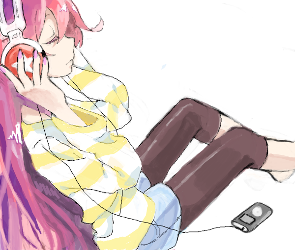 1girl, barefoot, cakeoflime, capri_pants, closed_eyes, mp3_player, female_focus, headphones