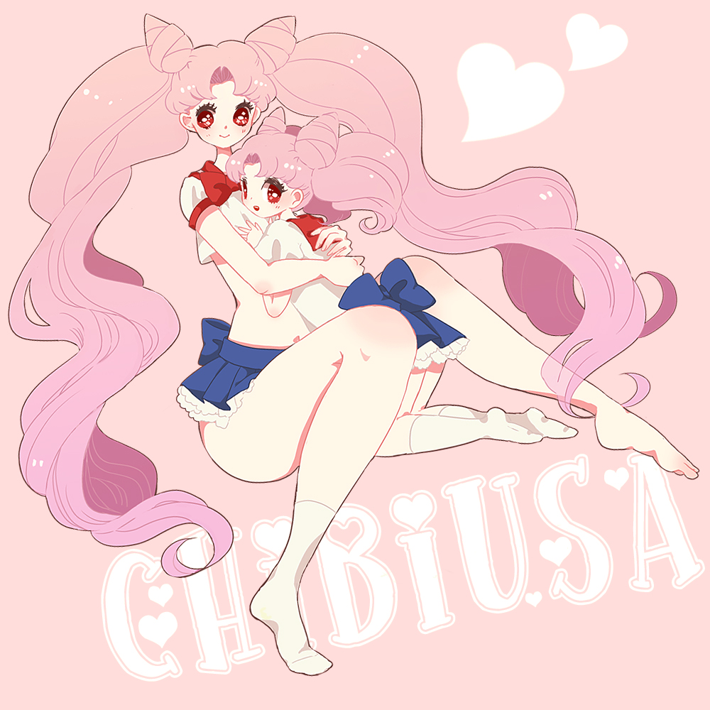 1990s_(style), 2girls, bishoujo_senshi_sailor_moon, bow, character_name, chibi_usa, cone_hair_bun, double_bun, dual_persona, full_body, hair_bun, heart, hug, long_hair, multiple_girls, aged_up, pink_background, pink_hair, red_eyes, retro_artstyle, ribbon, rinako_(rococo), school_uniform, serafuku, single_sock, skirt, smile, socks, twintails, undersized_clothes, wide_hips
