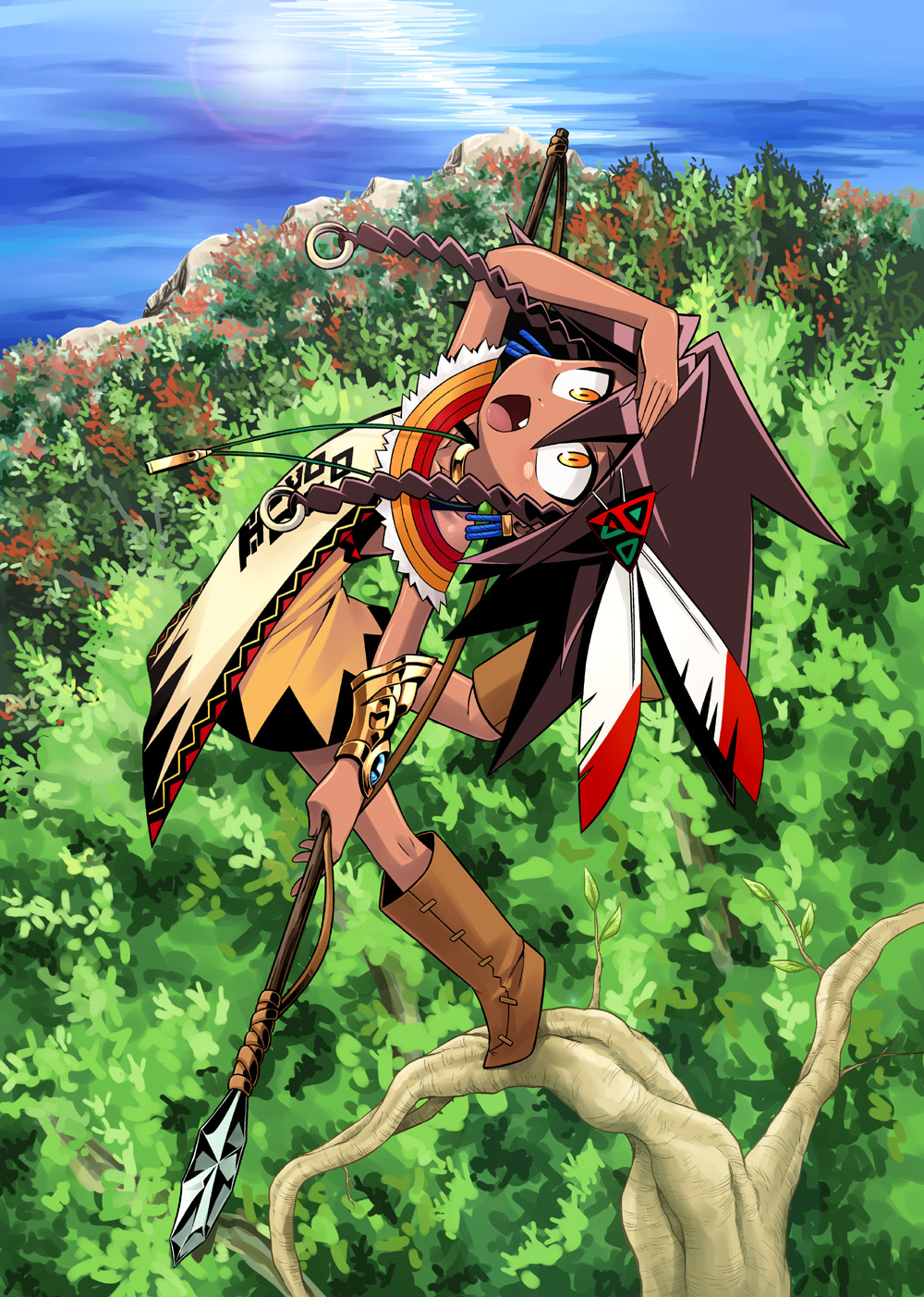 1girl, beast_king_(sekaiju), beast_king_2_(sekaiju), boots, braid, brown_eyes, brown_hair, capelet, choker, collarbone, dark-skinned_female, dark_skin, etrian_odyssey, fang, feathers, female_focus, forest, hair_ornament, highres, looking_up, minami_juujisei, nature, ocean, open_mouth, polearm, sekaiju_no_meikyuu, sekaiju_no_meikyuu_3, solo, spear, standing, standing_on_one_leg, tree, twin_braids, vambraces, weapon, whistle
