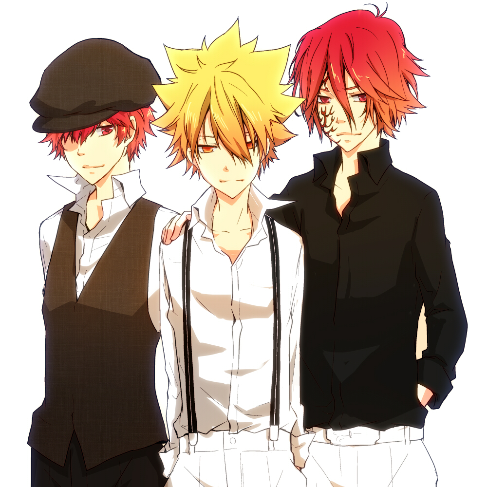 3boys, child, g_(reborn), giotto_(reborn), hat, katekyo_hitman_reborn!, male_focus, multiple_boys, pants, red_eyes, red_hair, shirt, simple_background, standing, suspenders, t-riku, vest, vongola_secondo, white_background