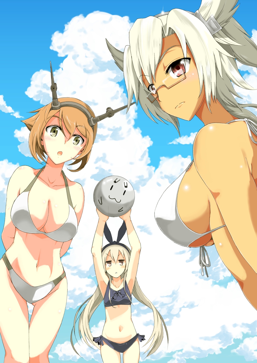 10s, 3girls, :3, absurdres, arms_behind_back, ball, beachball, blonde_hair, breasts, brown_eyes, brown_hair, cleavage, dark-skinned_female, dark_skin, glasses, green_eyes, hair_ribbon, hairband, has_bad_revision, has_downscaled_revision, headgear, highres, kantai_collection, large_breasts, looking_at_viewer, md5_mismatch, midriff, multiple_girls, musashi_(kancolle), mutsu_(kancolle), navel, open_mouth, personification, pointy_hair, red_eyes, rensouhou-chan, resolution_mismatch, ribbon, shimakaze_(kancolle), source_smaller, swimsuit, yosinobu