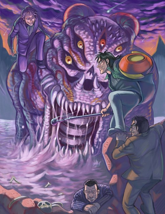 4boys, black_hair, bone, commentary_request, endou_yuuji, formal_clothes, grin, ichijou_(kaiji), itou_kaiji, tobaku_mokushiroku_kaiji, kitano_(no_name), male_focus, monster, multiple_boys, outdoors, pointy_nose, sakazaki_koutarou, scar, scar_on_face, shield, sky, smile, staff, suit, water