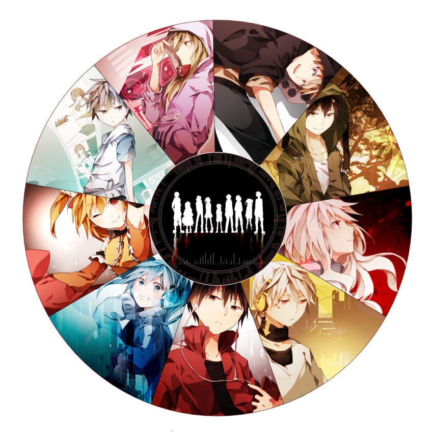 5boys, 5girls, aji77, amamiya_hibiya, asahina_hiyori, black_hair, blonde_hair, blue_hair, brown_hair, children_record_(vocaloid), ene_(kagerou_project), green_hair, headphones, highres, hood, hoodie, jacket, kagerou_project, kano_shuuya, kido_tsubomi, kisaragi_momo, kisaragi_shintarou, konoha_(kagerou_project), kozakura_marry, long_hair, multiple_boys, multiple_girls, red_eyes, seto_kousuke, short_hair, side_ponytail, twintails, vocaloid, white_hair