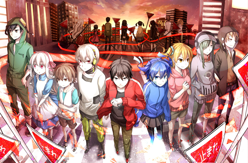 6+boys, 6+girls, amamiya_hibiya, asahina_hiyori, azami_(kagerou_project), bad_id, bad_pixiv_id, black_hair, blonde_hair, blue_eyes, blue_hair, brown_hair, children_record_(vocaloid), colored_eyelashes, cropped_legs, dual_persona, ene_(kagerou_project), enomoto_takane, everyone, green_hair, headphones, highres, hood, hoodie, jacket, kagerou_project, kano_shuuya, kido_tsubomi, kisaragi_momo, kisaragi_shintarou, kokonose_haruka, konoha_(kagerou_project), kozakura_marry, kuze_kaname, long_hair, multiple_boys, multiple_girls, neck_warmer, red_eyes, seto_kousuke, short_hair, side_ponytail, striped_clothes, striped_jacket, tateyama_ayaka, tateyama_ayano, tateyama_kenjirou, twintails, vocaloid, white_hair