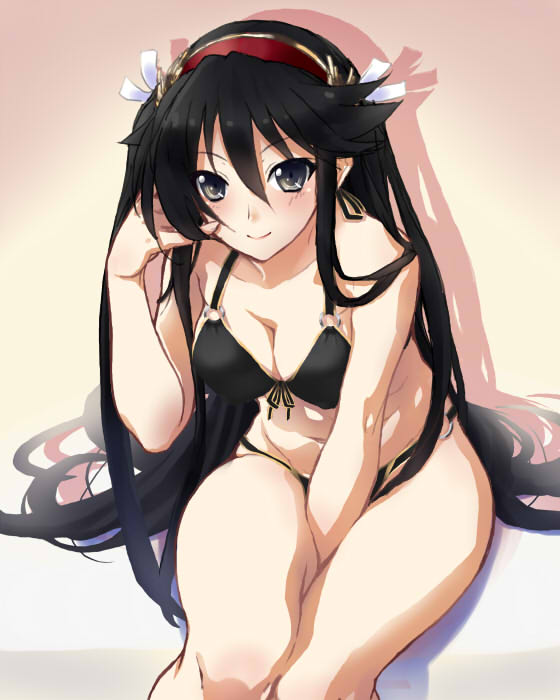 1girl, between_legs, bikini, black_eyes, black_hair, breasts, character_request, cleavage, copyright_request, female_focus, hairband, hand_between_legs, heppoko_r, long_hair, sitting, solo, swimsuit, very_long_hair, wariza