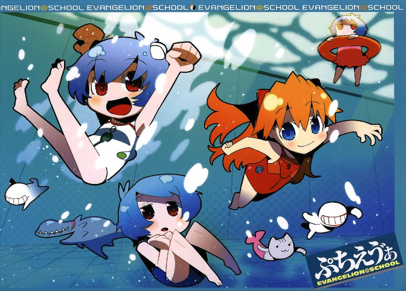 00s, 4girls, adapted_costume, angel_(evangelion), ayanami_rei, blue_eyes, blue_hair, blush